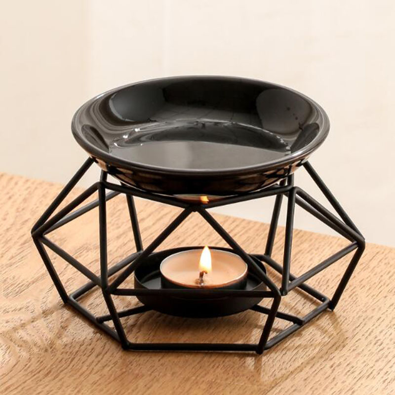 Home Fragrance Lamp - エッセンシャルオイルバーナーセラミックアイアン,ブラックカラー,ポリゴンボウル,キャンドルホルダー,オイルランプ,フレグランス香炉,寝室での使用,家の装飾